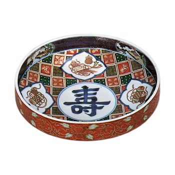 Top-shaped bowl with character meaning "Congratulations", enamelled ware