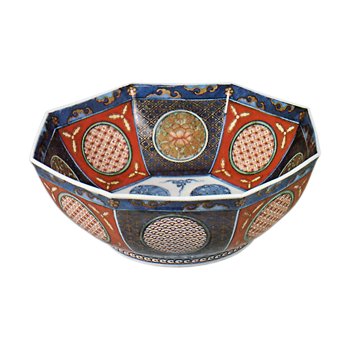 Octagonal bowl with phoenix and roundel design, enamelled ware