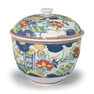 Covered deep bowl with peony design, enamelled ware
