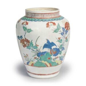 Octagonal jar with flower-and-bird design, enamelled ware