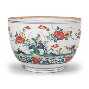 Large deep bowl with flower-and-bird design, enamelled ware