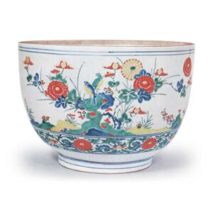 Large deep bowl with flower-and-bird design, enamelled ware