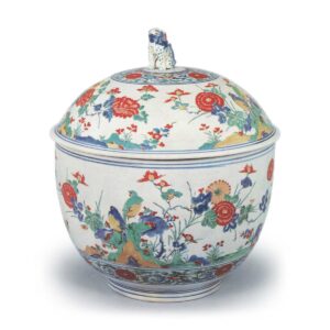 Large deep bowl with flower-and-bird design, enamelled ware