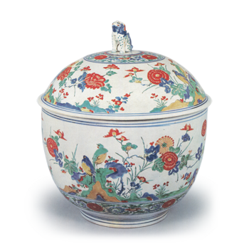 Large deep bowl with flower-and-bird design, enamelled ware