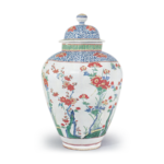 Large octagonal jar with flower-and-bird design, enamelled ware