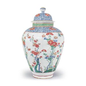 Large octagonal jar with flower-and-bird design, enamelled ware