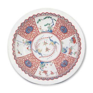 Large dish with two phoenix and peony scroll design, enamelled ware