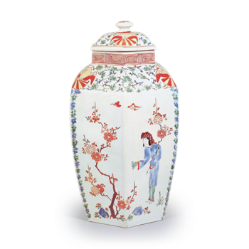 Jar with plum tree and figure design, enamelled ware