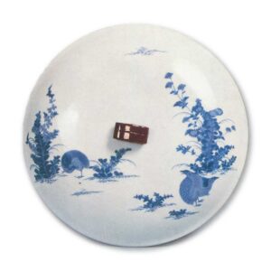 Covered bowl with quail and autumn grass design, bule and white