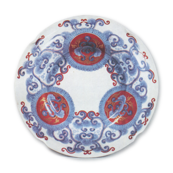 Dish with karahana flower design, enamelled ware Mark of 1695