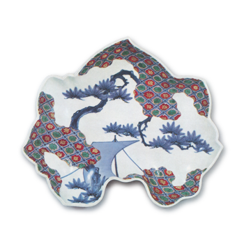 Dish with pine and sail boat design, enamelled ware Mark of 1693