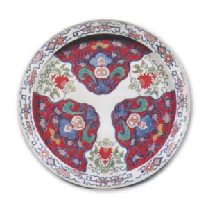 Dish with karahana (conventionalized flower) design, enamelled ware Mark of 1695