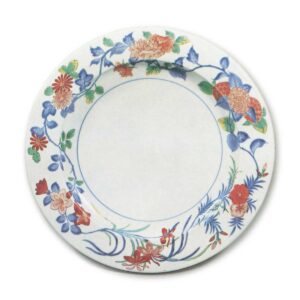 Dish with floral scroll design, enamelled ware Mark of 1699