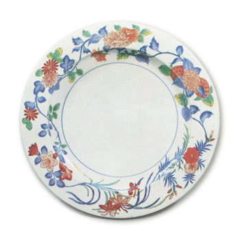 Dish with floral scroll design, enamelled ware Mark of 1699