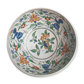 Bowl with shishi and peony scroll design, enamelled ware