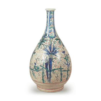 Wine bottle with palm design, enamelled ware