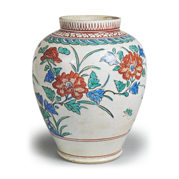 Jar wit peony design, enamelled ware