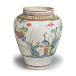 Jar with chrysanthemum and peacock design, enamelled ware