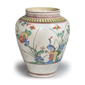 Jar with chrysanthemum and peacock design, enamelled ware