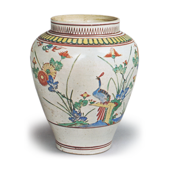 Jar with chrysanthemum and peacock design, enamelled ware