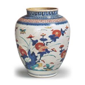 Jar with peony and chrysanthemum design, enamelled ware