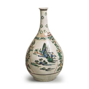 Wine bottle with landscape design, enamelled ware