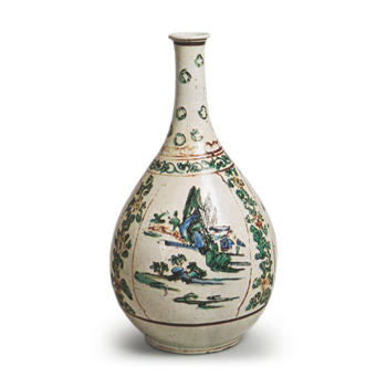 Wine bottle with landscape design, enamelled ware
