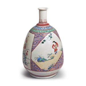 Wine bottle with design of Chinese boy and autumn grasses, enamelled