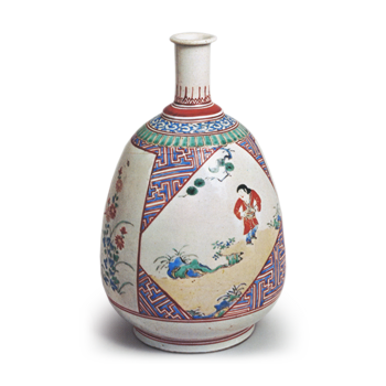 Wine bottle with design of Chinese boy and autumn grasses, enamelled
