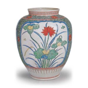 Jar with lotus, peony and chrysanthemum design, enamelled ware