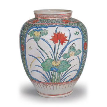 Jar with lotus, peony and chrysanthemum design, enamelled ware