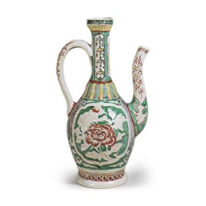 Ewer with relief design of peonies, enamelled ware