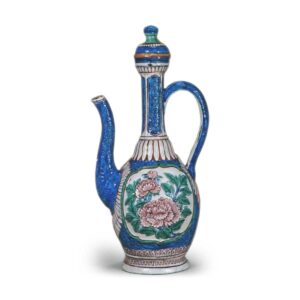 Ewer with relief design of peonies, enamelled ware