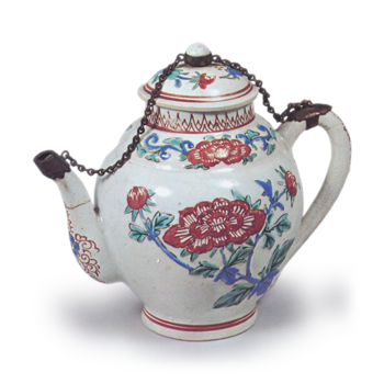 Ewer with relief design of peonies, enamelled ware