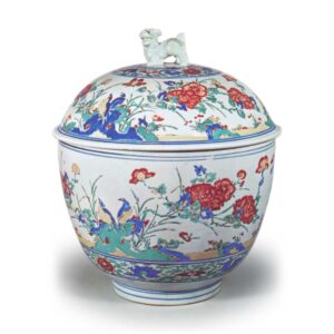 Covered large bowl with flower-and-bird design, enamelled ware