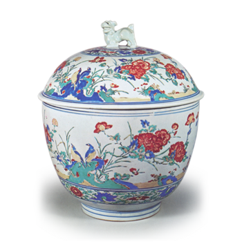Covered large bowl with flower-and-bird design, enamelled ware