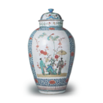Covered large jar with Chinese figure design, enamelled ware