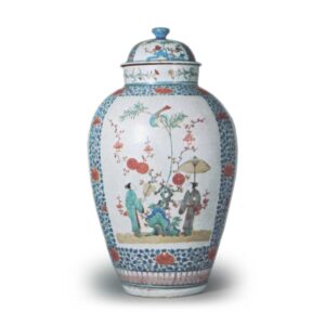 Covered large jar with Chinese figure design, enamelled ware