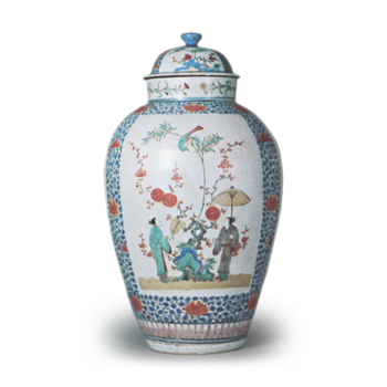 Covered large jar with Chinese figure design, enamelled ware