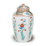 Covered jar with flower design, enamelled ware