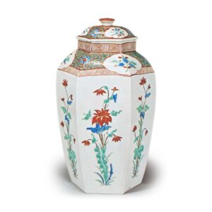 Covered jar with flower design, enamelled ware