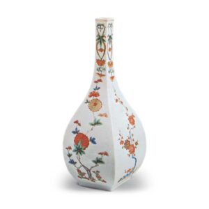 Square wine bottle with plum and chrysanthemum design, enamelled ware