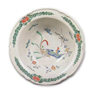 Large bowl with design of phoenix in flight, enamelled ware