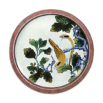 Dish with design of two birds on oak branch,enamelled ware