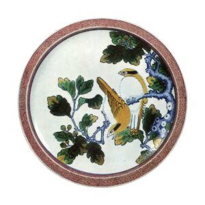 Dish with design of two birds on oak branch,enamelled ware