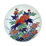 Dish with hibiscus and chrysanthemum design. enameiied ware