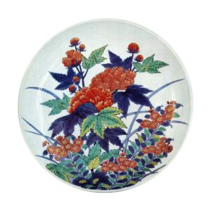 Dish with hibiscus and chrysanthemum design. enameiied ware