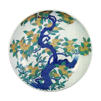 Dish with mandarin orange design. enamelled ware