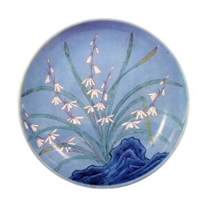 Dish with white orchid design. enamelled ware