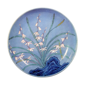 Dish with white orchid design. enamelled ware